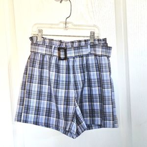 Women's Blue Plaid Paper Bag Shorts High Waisted Belt Pockets size Small